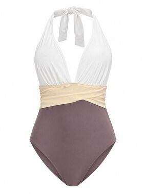 Colorblock One-Piece Swimsuit in White, Cream & Taupe